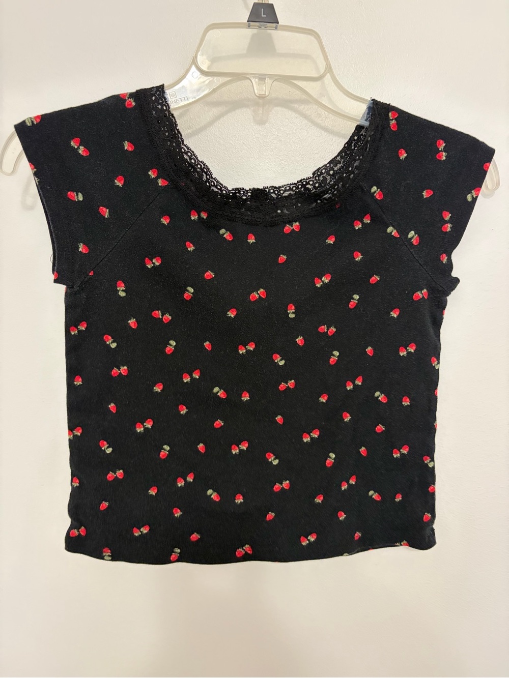 art class Black Tee with Red Cherry Print & Lace Trim